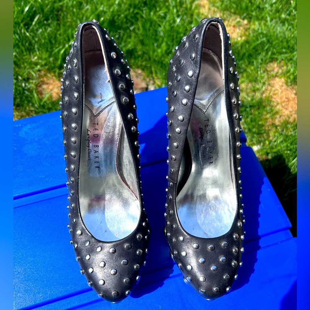 Ted Baker London Silver Studded Black Leather Stilettos